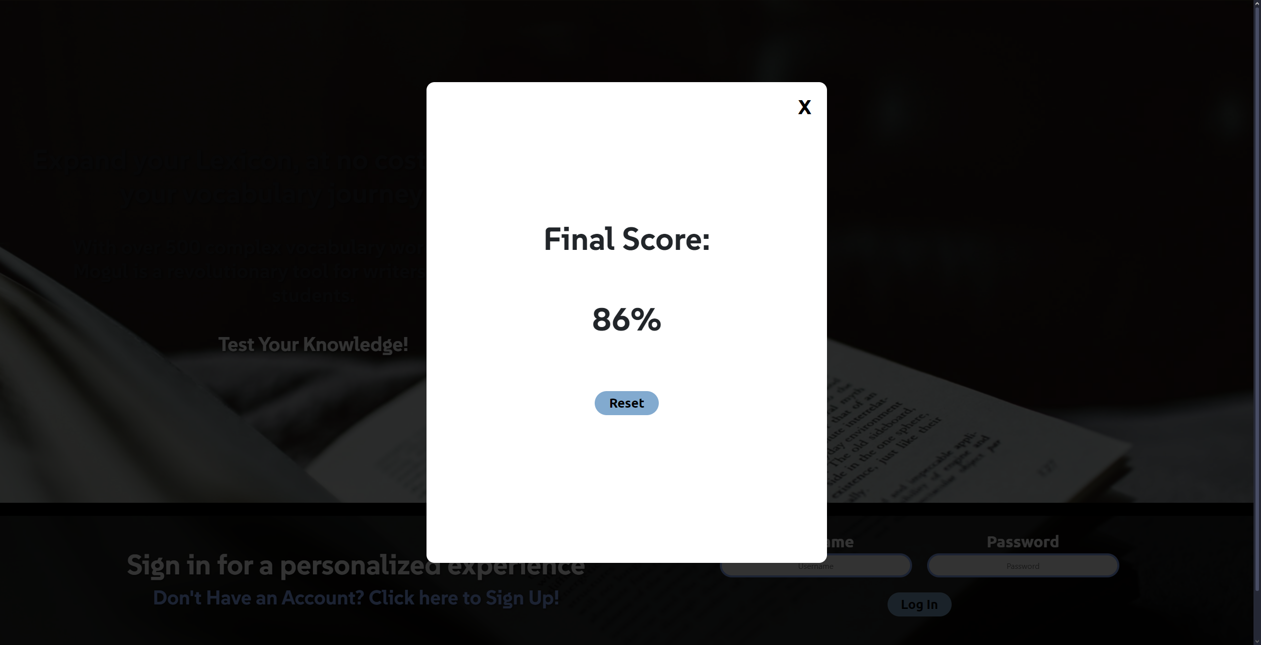 Final score screen of Vocabulary Mogul's quiz